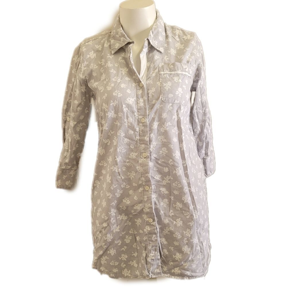 Emma James small pajama button up dress shirt light grey floral 100% cotton